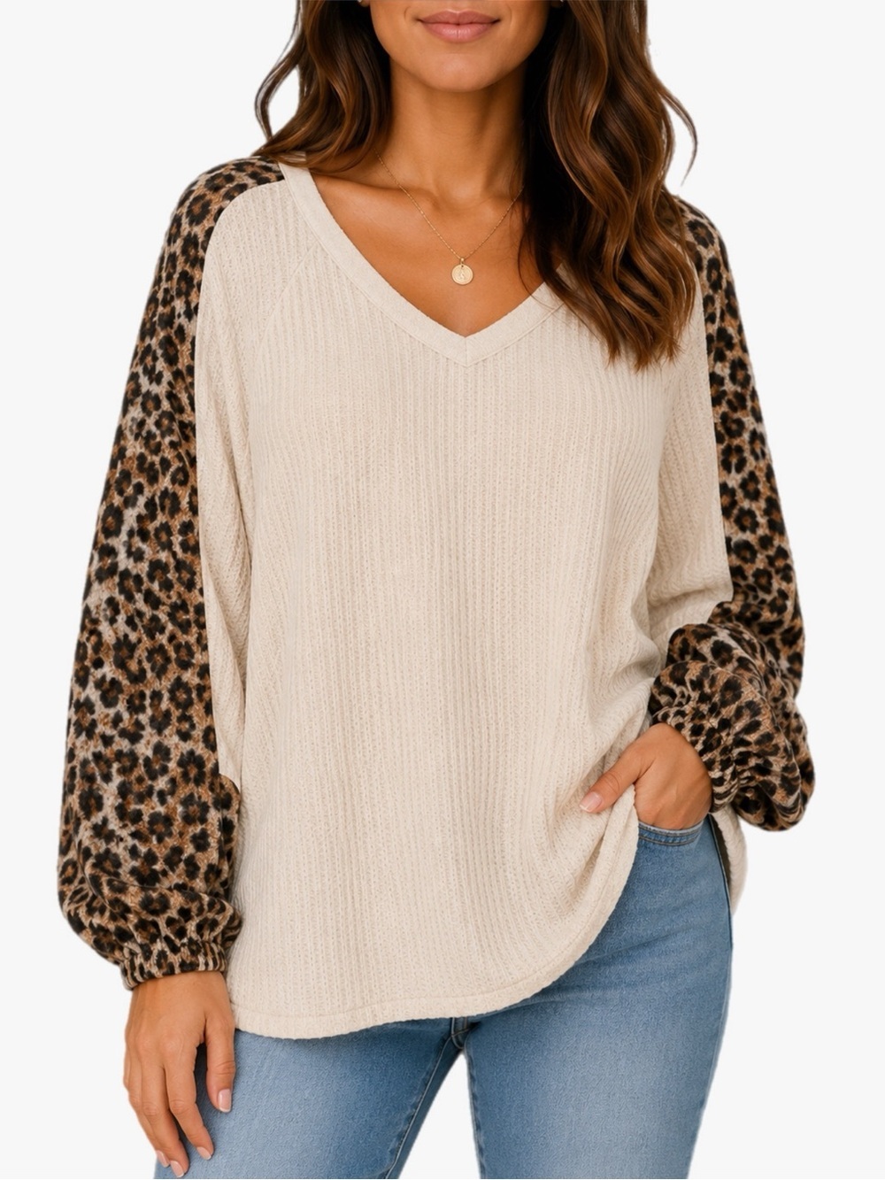 Entro Cream Waffle Knit Leopard Print Raglan Balloon Sleeve Top Plus Size XXL